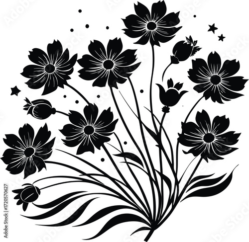 Elegant Black and White Cosmos Flower Bouquet Silhouette Vector Design
