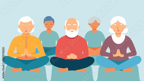 A group of seniors sit in their chairs eyes closed and hands resting on their laps as they practice a guided relaxation meditation. The stress and tension of their daily lives. Vector illustration