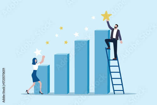 Business people reaching for stars on a rising bar graph representing success and achievement