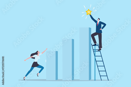 Businessman reaches for a shining star at the top of a bar chart using a ladder while businesswoman climbs below