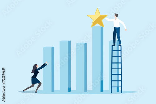 Business people reaching for success and achieving goals on a growing bar chart with a golden star