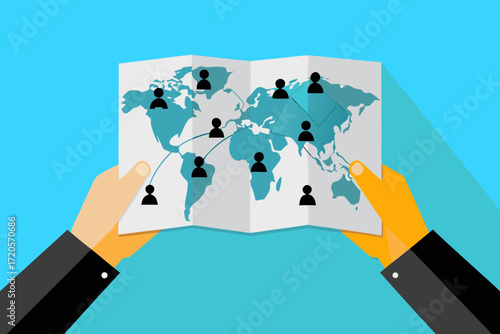 Hands holding a world map showing global connections and human figures representing a network