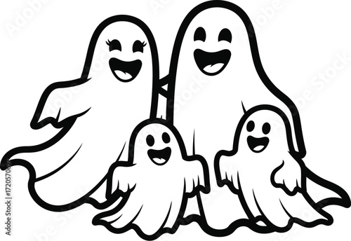 Happy cartoon ghost family smiling together for halloween design