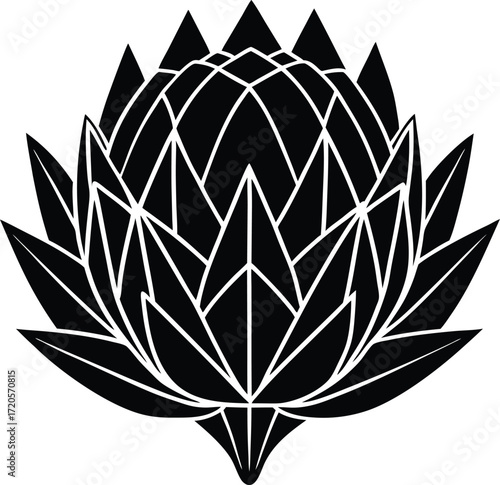 Geometric Black and White Stylized Protea Flower Vector Illustration
