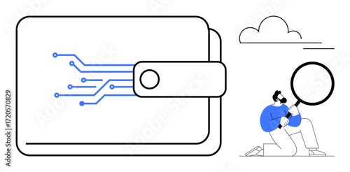 Large wallet with circuit design and smaller figure examining it with magnifying glass under a cloud. Ideal for cryptocurrency, fintech, cyber security, financial technology, digital payments