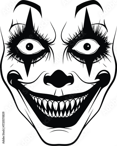 Creepy clown face with exaggerated features and sinister smile