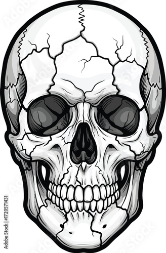Detailed skull illustration with cracks on a white background