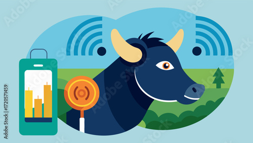 A smart ear tag collecting and analyzing biometric data of individual animals helping farmers identify any health issues early on.. Vector illustration