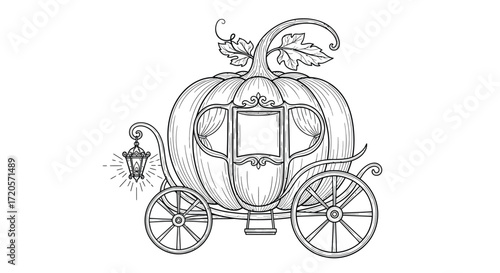Intricate line art of a pumpkin carriage with a lantern light