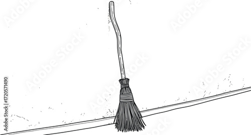 Simple line art of a broom leaning against a white wall indoors