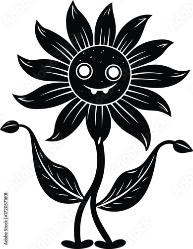 Smiling Cartoon Flower Character Black and White Vector Illustration