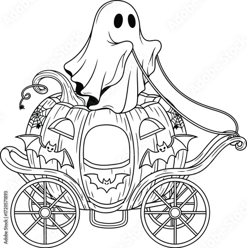 Spooky ghost sits atop a pumpkin carriage for halloween night
