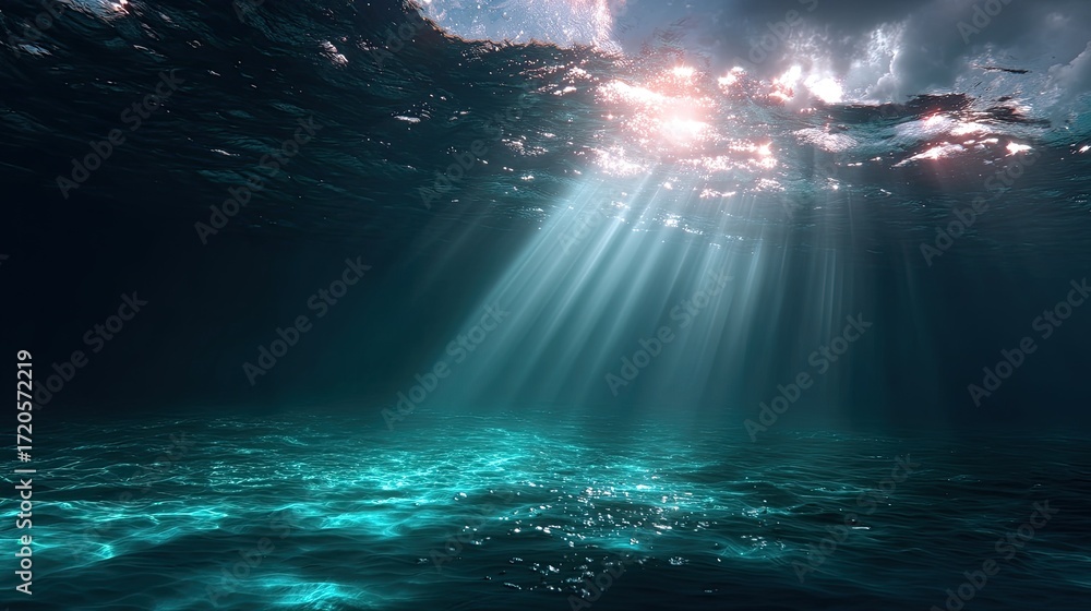 Naklejka premium Underwater Scene with Sun Rays Penetrating Deep Blue Ocean Water