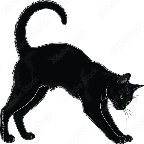 Sleek black cat stretching with arched back and green eyes ready