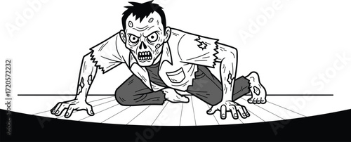 Cartoon zombie crawling on the floor in black and white style