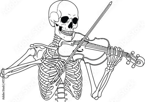 Skeleton playing the violin with a bow in a black and white art