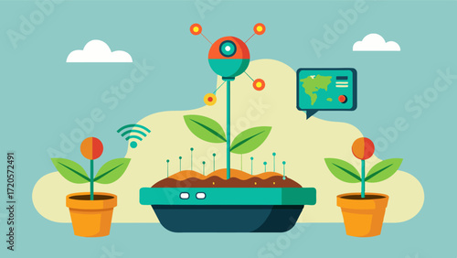 A selfdriving planter using GPS and satellite imagery to map out the land and determine the best areas for optimal planting.. Vector illustration