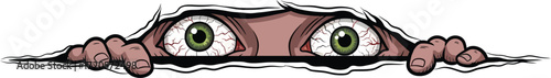 Cartoon eyes peering through a torn paper with visible hands