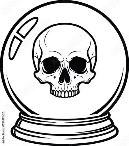 Skull inside a crystal ball illustration on a white backdrop