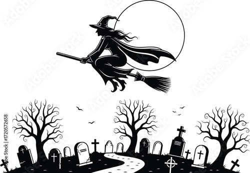 Silhouette of witch flying on broom over graveyard at full moon