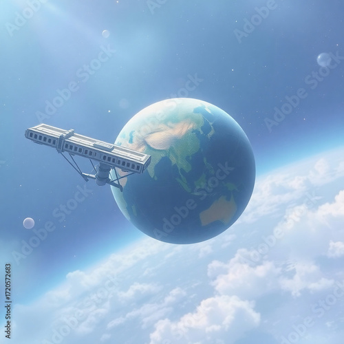 Wallpaper Mural Ethereal space station orbiting Earth, soft pastel colors, gentle and soothing, light aura, mystical feeling, blues, pinks, and lavenders Torontodigital.ca