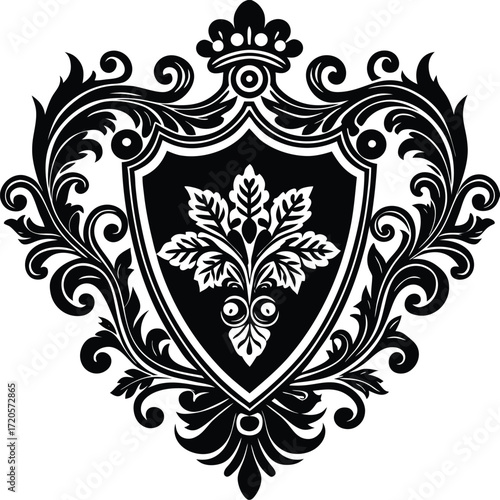 Ornate Baroque Shield Crest with Floral Motif and Crown Vector