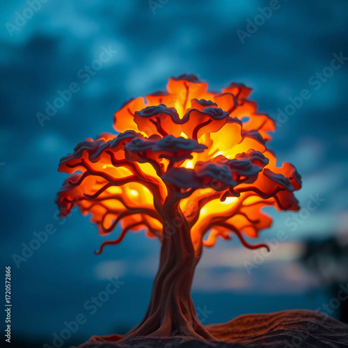 Wallpaper Mural Extreme macro close-up, layered papier-mâché glowing tree in dramatic sunset sky, sculpted textured layers, mystic enchanting environment, gentle color contrasts, dreamlike ethereal quality, small sub Torontodigital.ca
