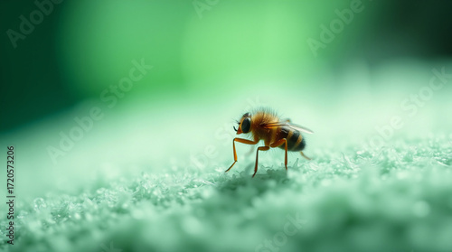 Wallpaper Mural Extreme macro photograph of a small subject, volumetric lighting, grainy green gradient abstract background with noise, visible light beams through dust or fog, emphasizing fine detail Torontodigital.ca