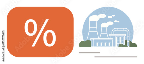Large percentage sign in orange reflects costs or efficiencies alongside industrial factory with smokestacks and greenery. Ideal for energy, environment, pollution, economy, production, climate, cost