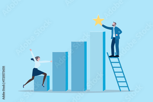 Business people climbing success graph to reach golden star representing achievement and goals