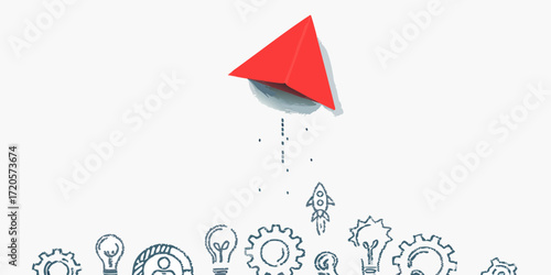 Red paper airplane launching upwards from a line of sketched gears lightbulbs and a rocket ship symbolizing innovation and startup success