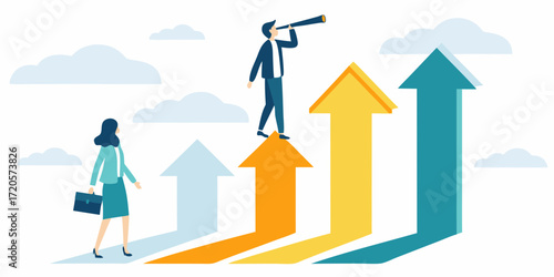 Business people climbing upward arrows representing growth and looking towards the future with a telescope