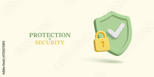 3D green shield with check mark and lock. Banner for security protection, security concepts. Business, finance, technology. Personal data protection. Vector illustration.