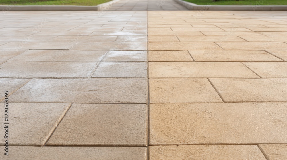 Fototapeta premium Comparison of Clean and Dirty Paving Stones in Outdoor Walkway Showing Surface Texture and Color Variation for Landscape Design Inspiration