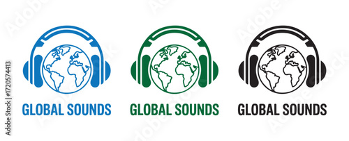 Global Sounds Logo with Earth and Headphones Icon