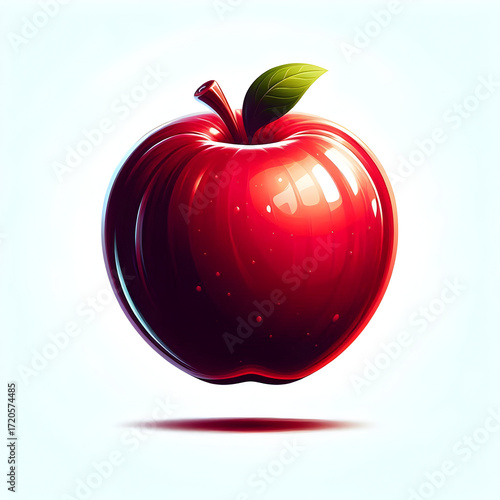 Vibrant Apple: A solitary, perfectly formed apple, bursting with a rich red hue, complete with its stem and leaf, symbolizing health, freshness, and natural goodness.
