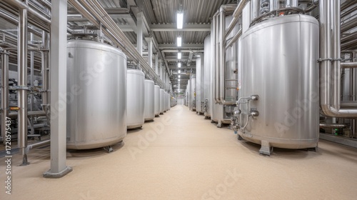 Industrial interior of a modern food processing facility featuring large stainless steel tanks and intricate piping systems on a clean floor