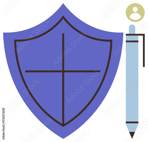 Blue shield with cross lines beside a stylized pen with user icon on top, symbolizing defense, authority, and communication. Ideal for security, privacy, policy, legal, protection workplace