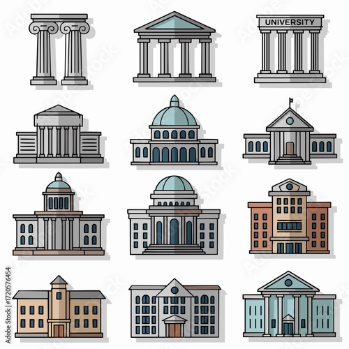 Illustrations of Various Academic and Governmental Buildings with Classical Architectural Elements