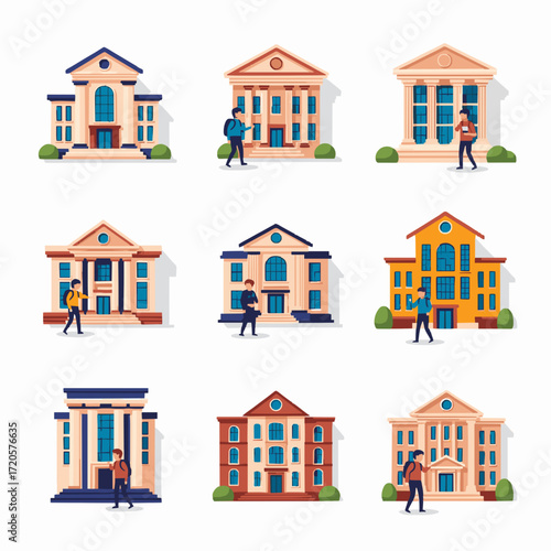 Architectural illustrations of higher education institutions, showcasing a variety of university and college campus buildings