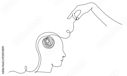Continuous one line drawing of mental health concept. Symbol of confused thoughts and problems and psychologist helping to untangle the knot vector eps 10