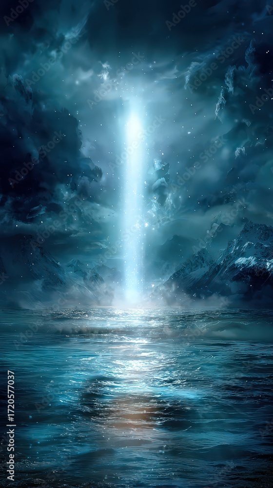 Naklejka premium Celestial Light Beam Over Watery Landscape