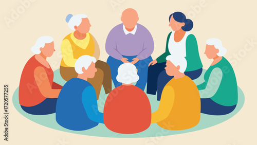 A group of elderly individuals in a nursing home engaging in a storytelling circle where they take turns sharing memories of their past with each other.. Vector illustration