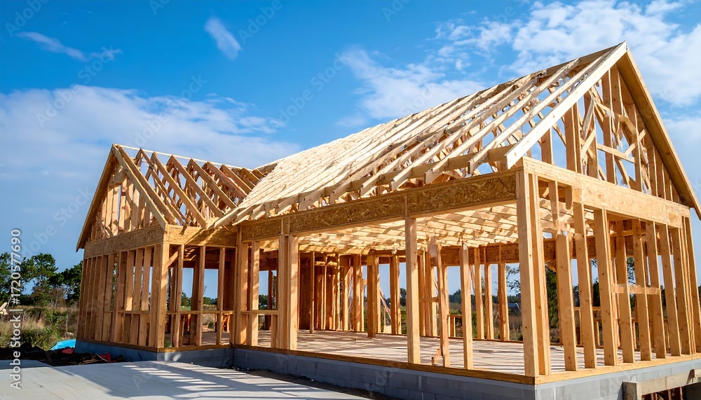 Fototapeta premium New Home Construction Wooden Frame Under Blue Sky with Building a Dream.
