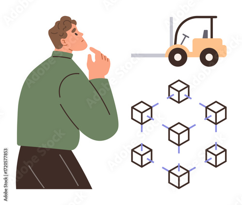 Thoughtful man examining supply chain model featuring forklift and interconnected blockchain cubes. Ideal for logistics, innovation, decision-making, technology, supply chain, automation, strategic
