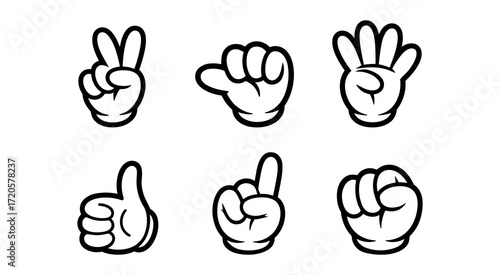 Six Black And White Cartoon Hand Gestures With Gloves 