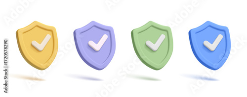 Set of colored shields with check mark, 3D. Modern icons for concepts of protection, security, reliability, verification, technology, science, education. Vector illustration.