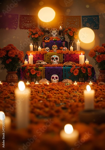 Dia De Muertos Skulls and Marigolds on Dark Background