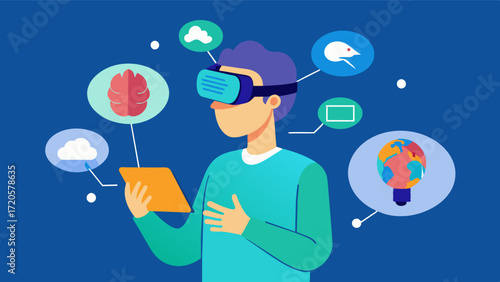 A person using a virtual reality headset to explore the brain and learn about its different parts and functions.. Vector illustration