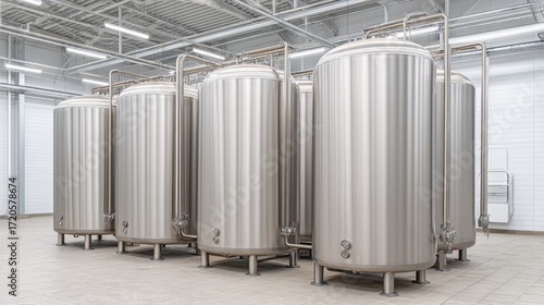 Modern Industrial Storage Tanks in Clean Facility for Liquid Storage Solutions and Manufacturing Processes in High-Tech Environment